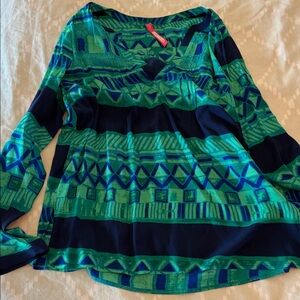 Tracy Reese Green & Blue Patterned Long-Sleeve V-Neck Top